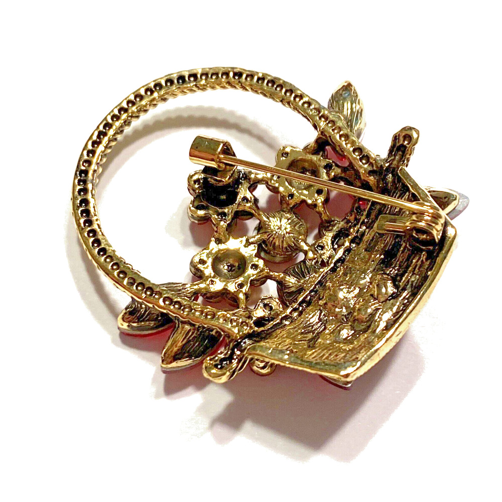 Red Rhinestone Flower Basket Brooch Rope Textured Goldtone Dimensional Pin Chic - Picture 5 of 7